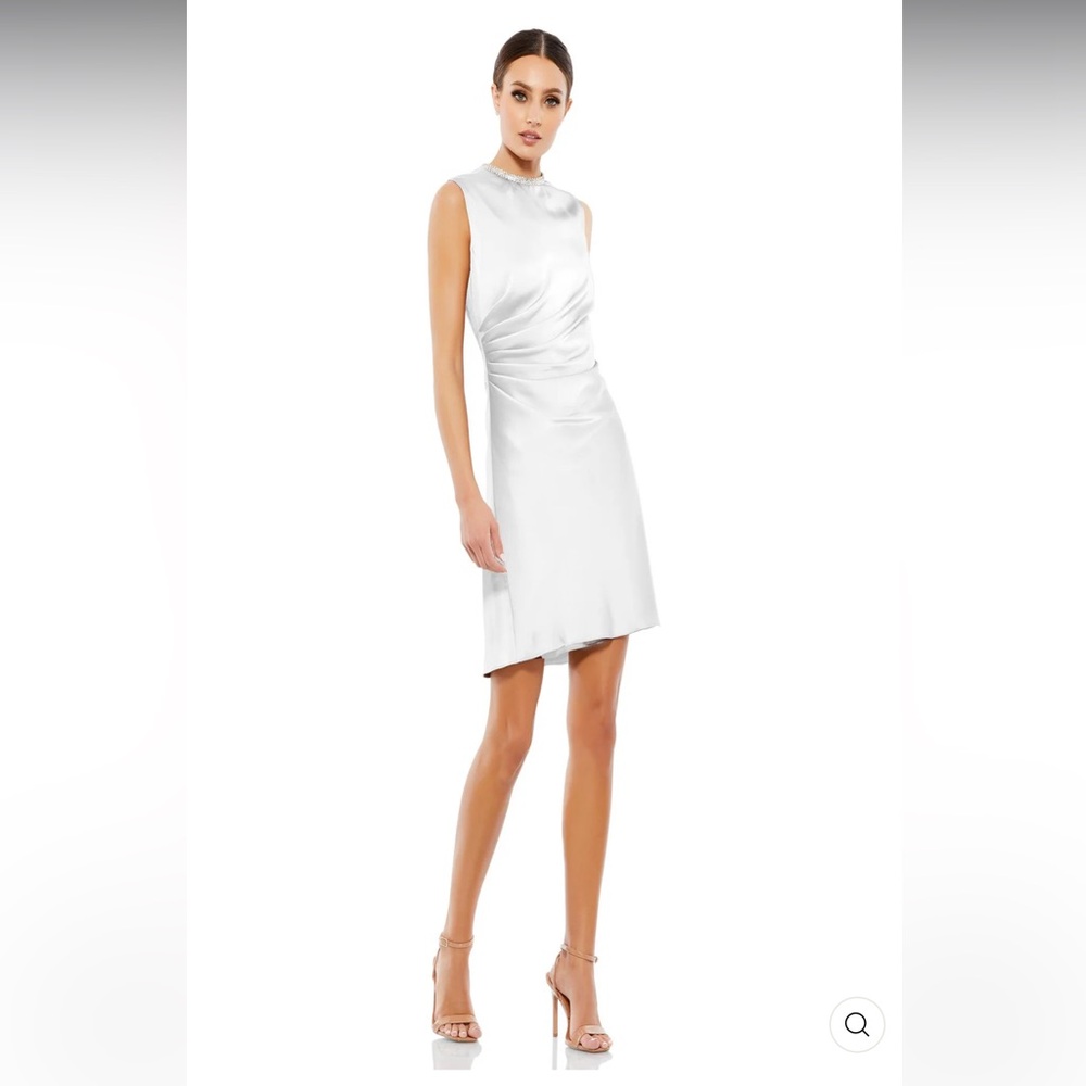 NWT Mac Duggal White Satin Gorgeous Ruched Dress With Classy Rhinestone